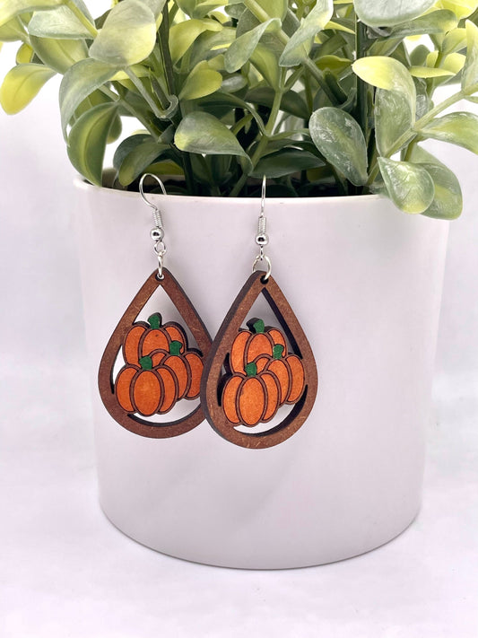 Pumpkin Wood Earrings, PSL, Pumpkin Earrings Dangle, Halloween Earrings, Fall Pumpkin Earrings, Orange Pumpkin Jewelry, Thanksgiving Pumpkin