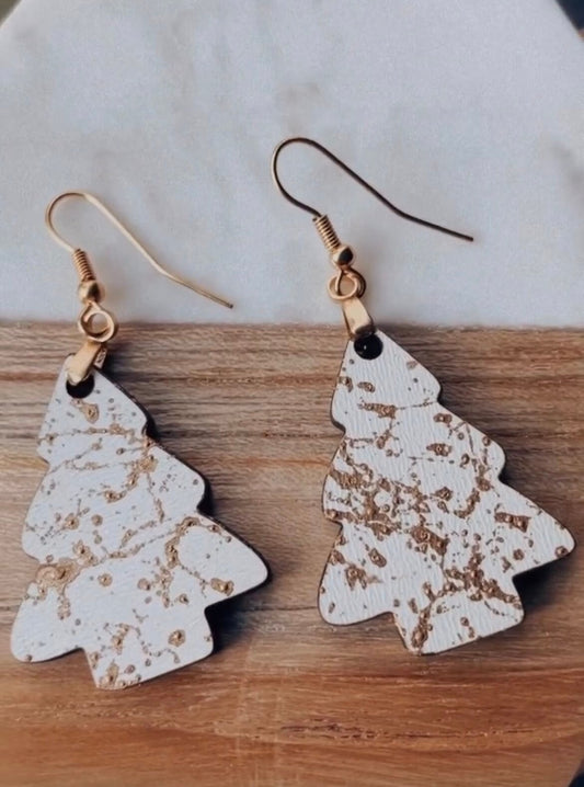 White Christmas tree earrings, Christmas earrings, Xmas jewelry, wood earrings, dangle earrings, gifts for her