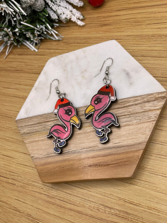 Flamingo Earrings, logo, holiday earrings, Santa, exclusive, jewelry, wood earrings