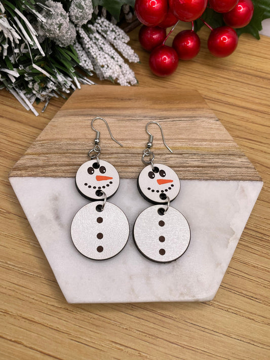 Snowman Earrings/ Dangle Earrings/ Wood Earrings/ Holiday jewelry/ Gifts for her/ Christmas Gift/ Festive jewelry