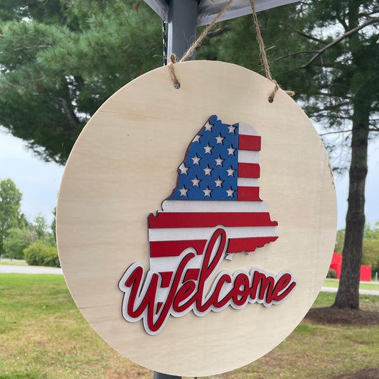 Welcome sign, Maine welcome sign, patriotic sign, door hanger, American flag, maine gift, gift for newlyweds, new home