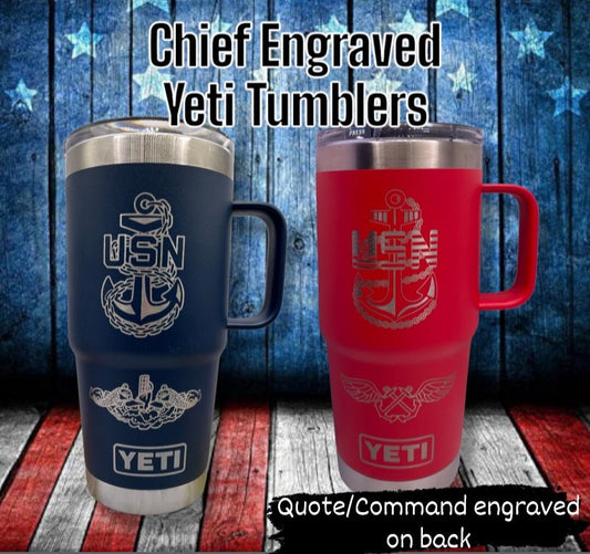 20 oz engraved tumbler, engraved yeti, yeti tumbler, engraved yeti cup, travel mug, navy Chief, submarine dolphins
